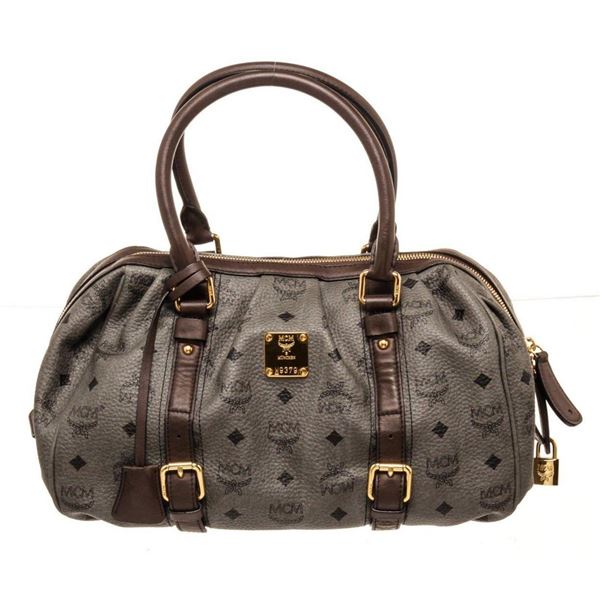 MCM Grey Visetos Coated Canvas Boston Bag