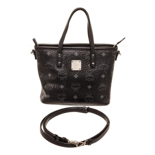 MCM Black Leather Canvas Small Tote Bag