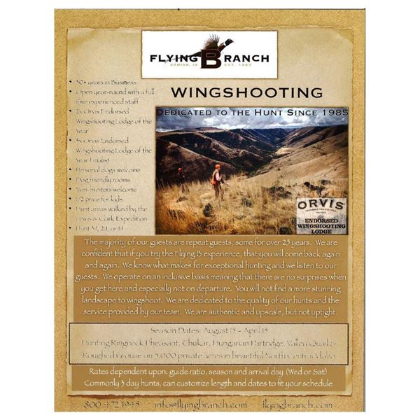 2 day wing shooting adventure for 2 at the Flying B Ranch