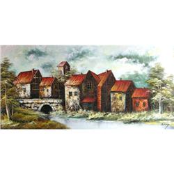 ORIG PAINTING  LANDSCAPE, RIVER & VILLAGE SCENE#2259524