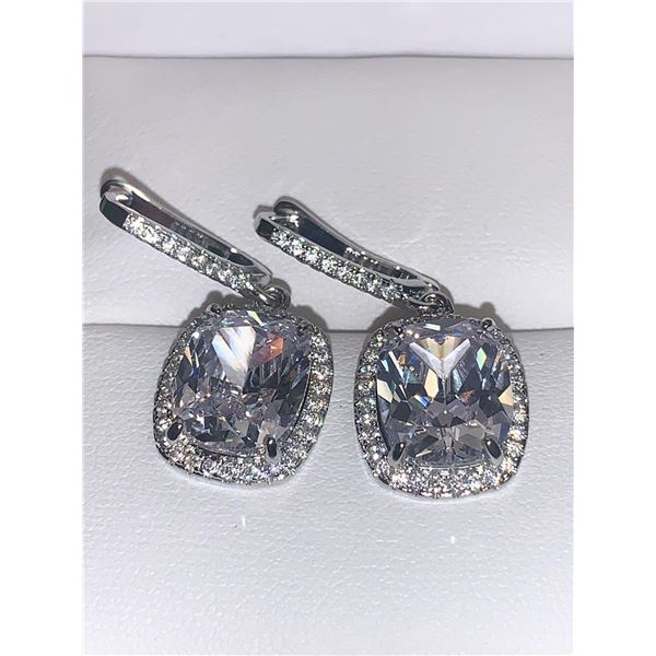 Set of Brilliant Cut Solitaires Ladies Silver Dangle Earrings