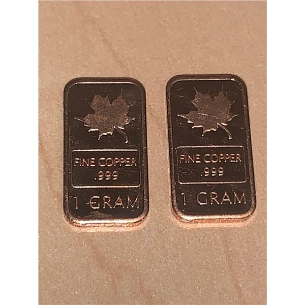 Canada Issue Fine copper .999 1 Gram Wafer Bars - Lot of 2