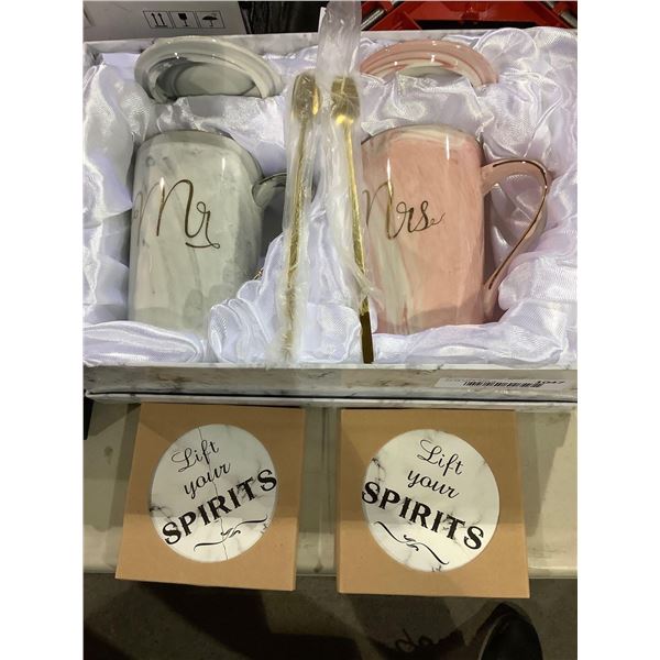 Mr & Mrs Cup Cup with Lid, Stir Spoons and Coaster set
