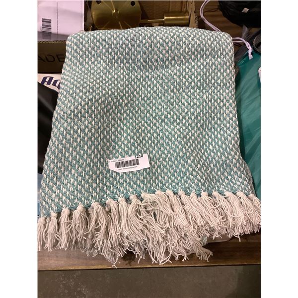 Aqua & White Knit Blanket with Tassels