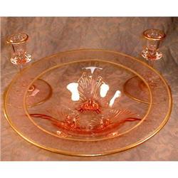 ETCHED Glass CONSOLE Set BOWL+Candles PINK #2242624