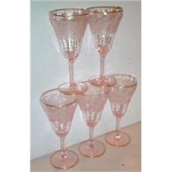 Five Tiffin Pink Sylvan Gold Trim Water Goblets#2242648