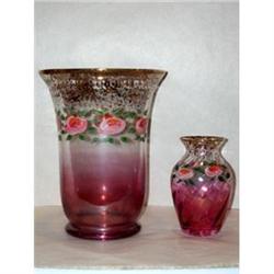 Pair of Hand Painted Cranberry to Clear Vases #2254463