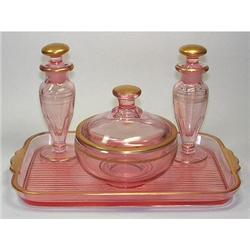 Rose Pink Paden City Glass Perfume Bottle Set #2265916