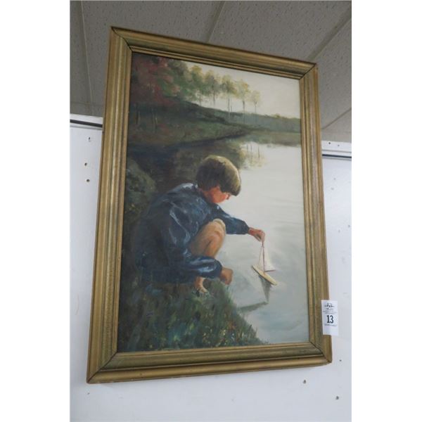 Framed Oil On Canvas Boy Playing With Sailboat