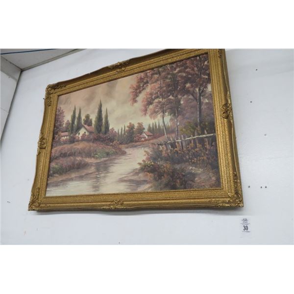 Gold Framed Farm House Scene Oil On Canvas -