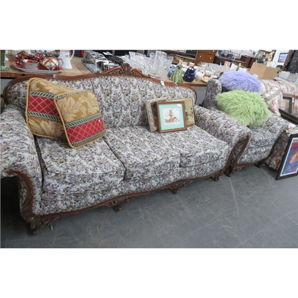 Mahogany Floral Fabric Print Sofa & Arm Chair