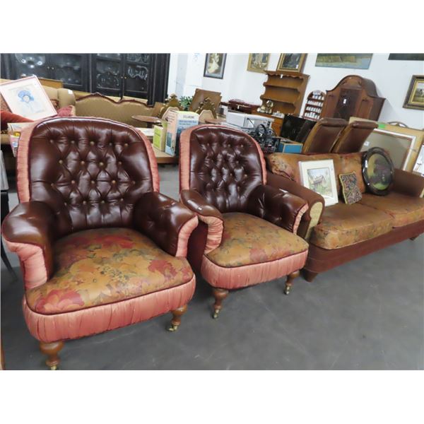 Brown Leather Trim 3 OC Floral Accent Sofa & Armchair Set