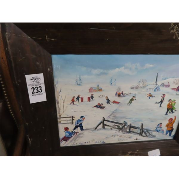 Framed Oil On Board Children Ice Skating Artist F. Sanders