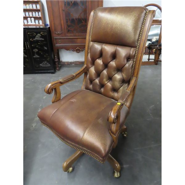 Brown Leather Button Tufted Secretarial Chair