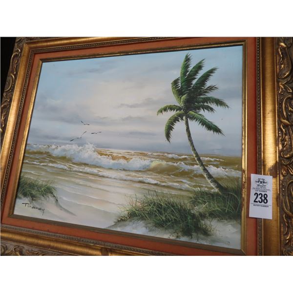 Framed Oil On Canvas Palm Tree Beach Scene Artist Tihany