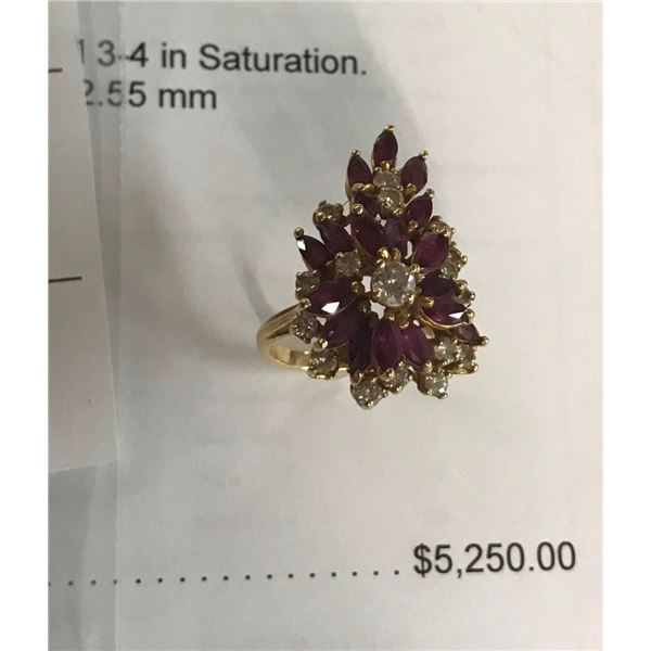 14K YG Ruby & Diamond Ring 18 Marquise Mixed Cut Rubies