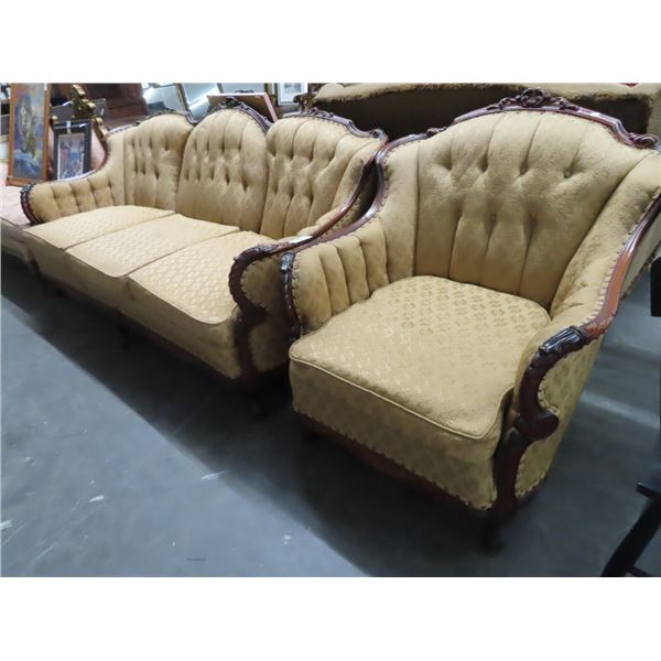 Caniveres Brown Cloth Tufted Carved Mahogany Trim Sofa