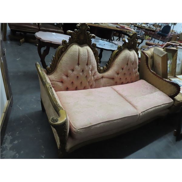 Carved Trim Pink Tufted Victorian Chair