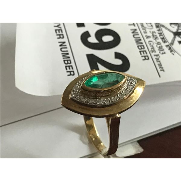 18K YG Emerald & Diamond Ring One Marquise Mixed