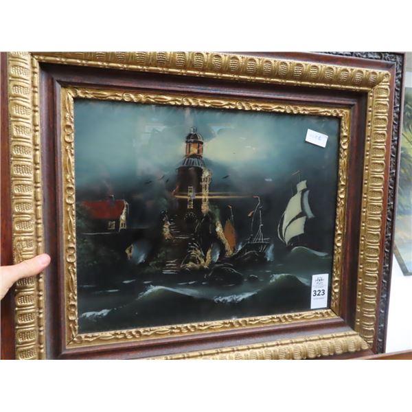 Framed Reverse Painted Lighthouse Storm Scene