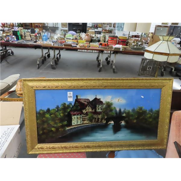 Framed Revverse Painted Lake Front House 40  x 24 