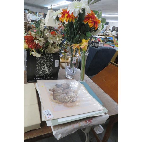 Lot of Silk Flowers, Vases & Asst. Prints