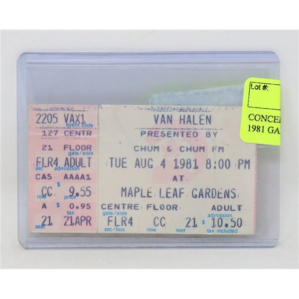 CONCERT TICKET STUB VAN HALEN 1981 GARDENS