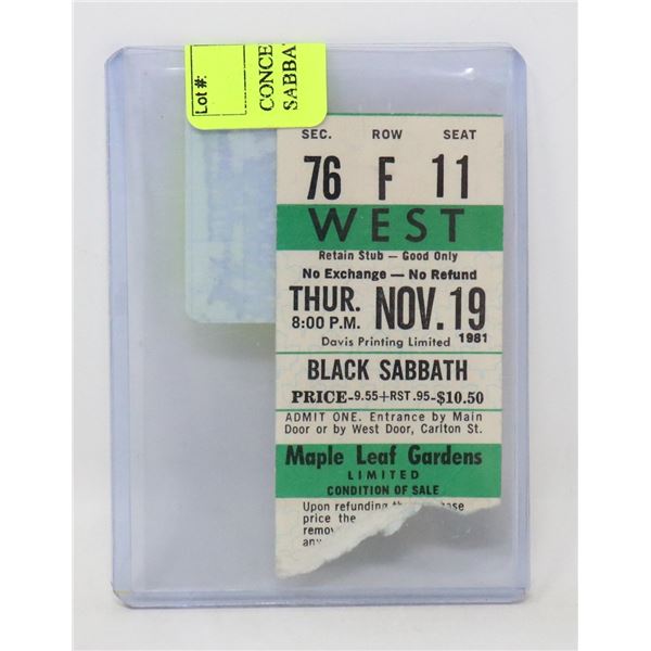 CONCERT TICKET STUB BLACK SABBATH 1981 GARDENS