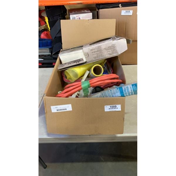 BOX OF REPAIR FABRIC, EXTENSION CORD AND MORE