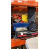 Image 1 : CAR BRUSES/SCRAPERS, SPOOL OF ROPE, WIRE, TOOL BELT, CAST AND FOLDING CART