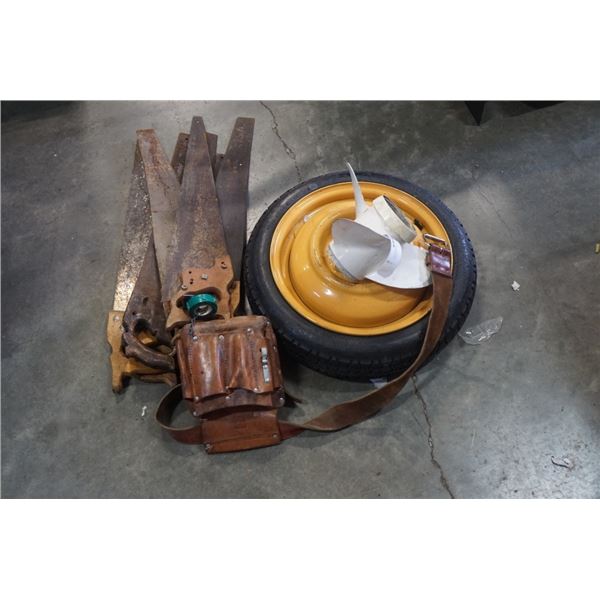 4 BOLT DOUGHNUT TIRE, WITH HANDSAWS, BOAT PROPELLER AND LEATHER TOOL SATCHEL