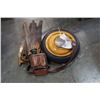 Image 1 : 4 BOLT DOUGHNUT TIRE, WITH HANDSAWS, BOAT PROPELLER AND LEATHER TOOL SATCHEL