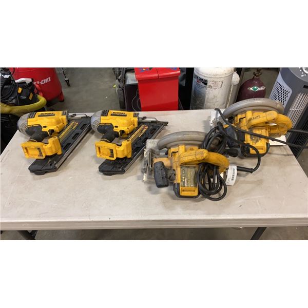 4 DEWALT TOOLS - 2 CIRCULAR SAWS, ONE WITH CUT CORD, 2 CORDLESS NAILERS,NO CHARGERS, NO BATTERIES