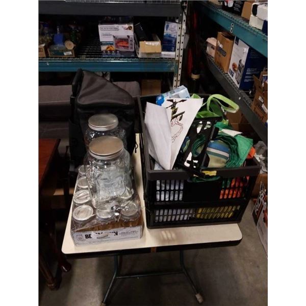 CRATE OF GARDEN HOSE REEL, BEACH MAT, COOLER BAG, MASON JARS AND GLASS DRINK DISPENSERS