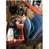 Image 1 : 2 BOXES AND BASKET OF LIGHTS, SHOP SUPPLIES, RATCHET STRAPS, PLUNGE ROUTER