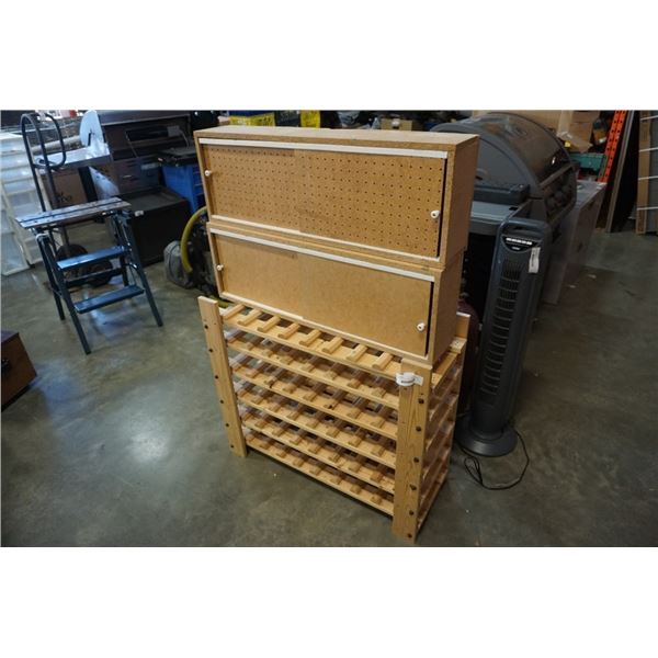 WOOD WINE RACK, AND 2 WALL CABINETS