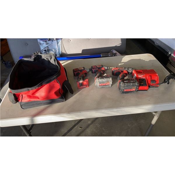 MILWAUKEE M18 CORDLESS TOOL SET - 2 IMPACT GUNS, HAMMER DRILL, 2 BATTERIES AND CHARGER - TESTED AND 