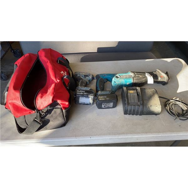 MAKITA CORDLESS TOOL SET - IMPACT GUN, SAWZALL, 2 BATTERIES AND CHARGER - TESTED AND WORKING