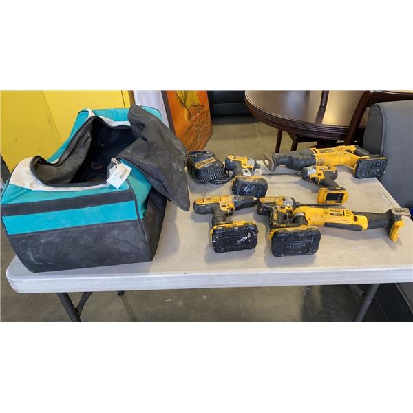 DEWALT CORDLESS TOOL SET - SAWZALL, ANGLE GRINDER, 3 IMPACT GUNS, DRILL, 4 BATTERIES AND CHARGER - T