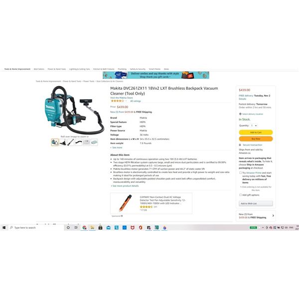 Makita DVC261ZX11 18Vx2 LXT Brushless Backpack Vacuum Cleaner WITH 2 18 VOLT BATTERIES TESTED WORKIN