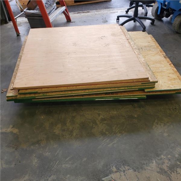 9 PIECES PLYWOOD AND OSB WOOD SHEETS - 4 x 4 FOOT AND 4 FOOT x 64 INCHES