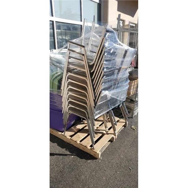 PALLET OF CHAIRS, STORAGE TOTES,DISPLAY RACKS AND STEP LADDER