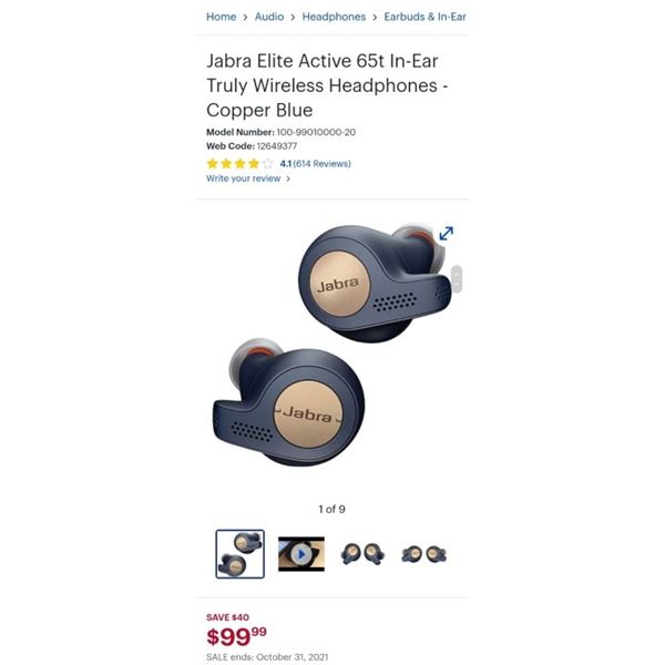 Jabra Elite Active 65t In-Ear Truly Wireless Headphones - Copper Blue - Retail $139.99