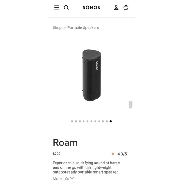 Sonos Roam Black Portable Wireless Bluetooth Speaker - Retail $229