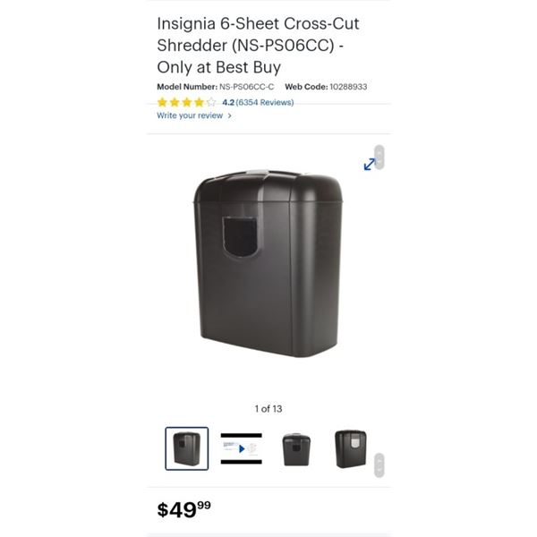 Insignia 6 Sheet Cross Cut Shredder- Working, Retail $49.99