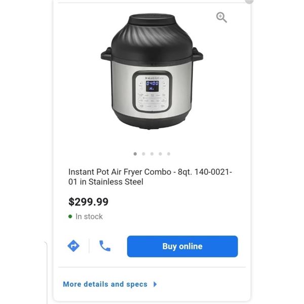 Instant Pot Duo Crisp™ + Air Fryer 8-quart Multi-Use Pressure Cooker - Working Retail $299.99