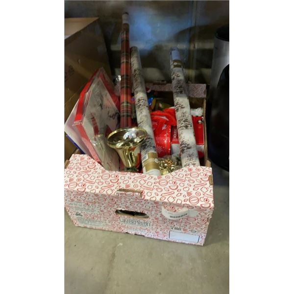 BOX OF CHRISTMAS DECOR AND WRAPPING PAPER