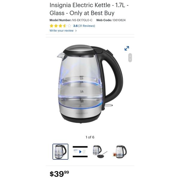 Insignia Electric Kettle - 1.7L - Glass - Working, Retail $ 39.99