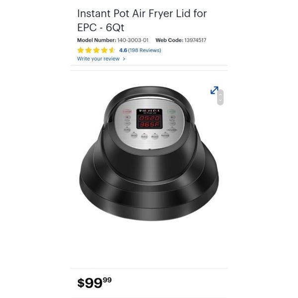 Instant Pot Air Fryer Lid for EPC - 6Qt - Working, Retail $99.99 - Pressure Cooker Not Included, Req