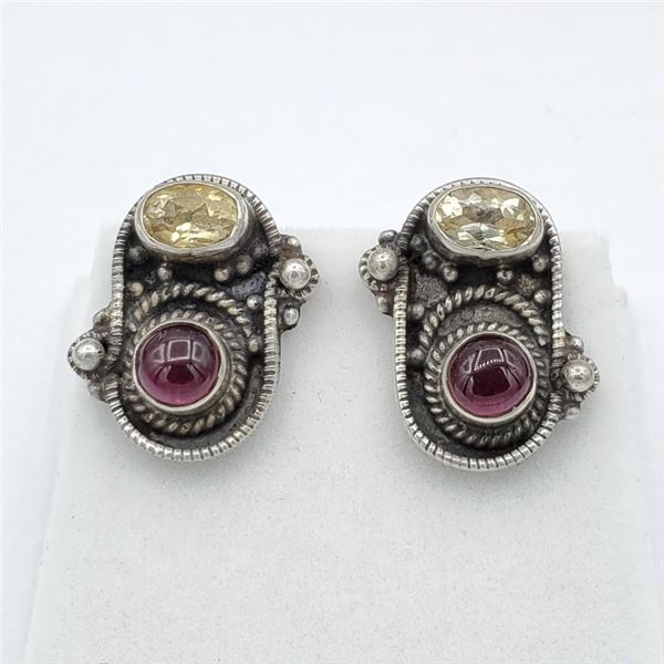 NEW STERLING SILVER GENUINE GARNET AND CITRINE EARRINGS W/ APPRAISAL $910